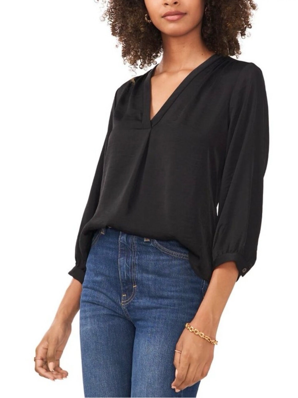 Vince Camuto Black V-Neck Three-Quarter Sleeve Blouse
